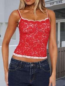 Women Y2k Lace Floral Camisole Patchwork Spaghetti Strap Crop Tank Tops Sleeveless Backless Tank Tops Open Back Going Out Tops Slim Fitted Shirt Basic Tees Club Streetwear Aesthetic Clothes - 紅色 - 查看 4