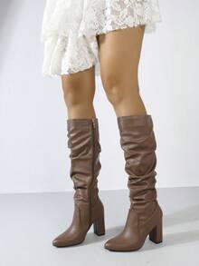 Timesize Brown Over-The-Knee Boots, Denim Boots, Platform Boots, Women's Wedding Shoes, Winter Boots, Women's Boots, Chunky Heel Boots, Super High Heel Tall Boots, Random Wrinkle Pattern - Brown - View 3