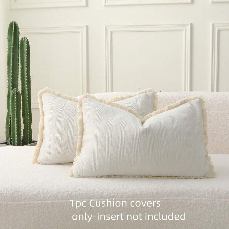 1 Vỏ gối trang trí tua rua xương cá, mềm mại và thoải mái cho ghế sofa, giường, trang trí nhà cửa, phong cách trang trại, màu trắng