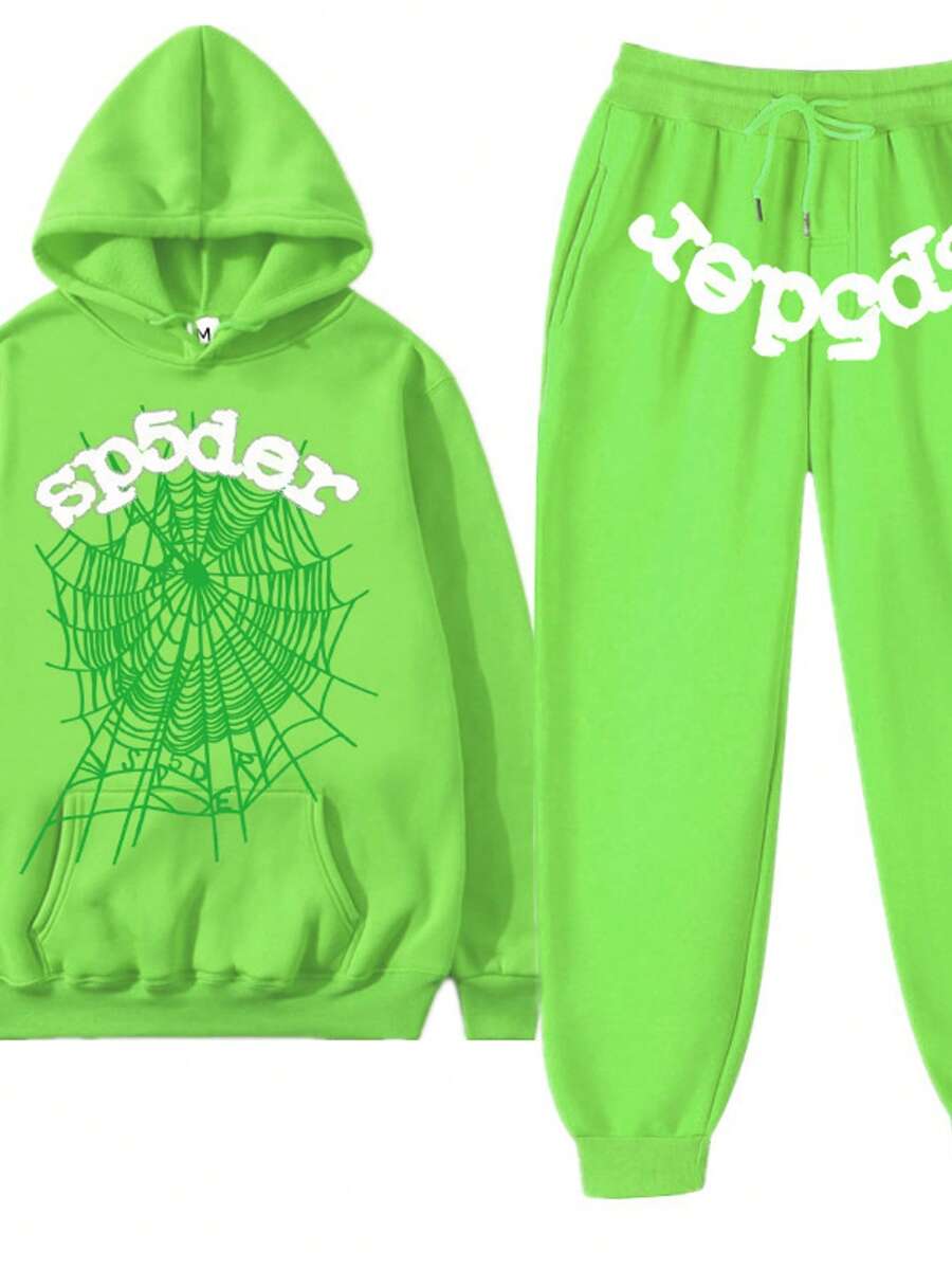 Spider Web Print Hoodie Outfit - Long-Sleeve Hooded Sweatshirt & Drawstring Pants, Ideal For Weekend Picnics, Street Style Or Loungewear - màu xanh lá - Xem 1