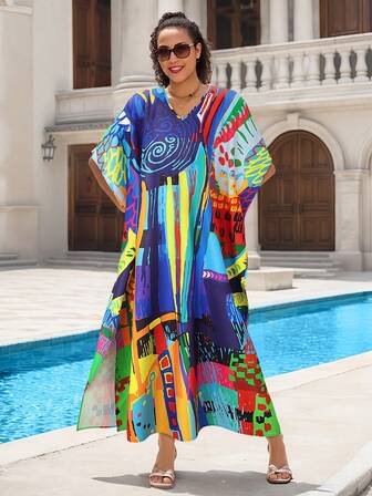 大码女式波西米亚风 V 领长袍，彩色图案，宽松半袖休闲长款连衣裙