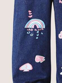Girls' Cute Overalls, 2025 Autumn New Arrival, Playful Floral, Rainbow, Bow Print, Blue Denim Long Jumpsuit - Blue - View 5