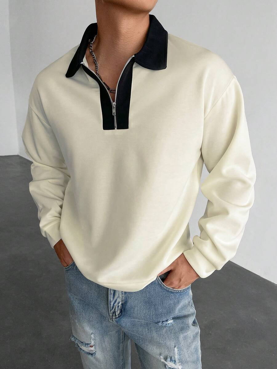 Men's Casual Color Block Long Sleeve Commuter Zip Design Polo Shirt, Fall
