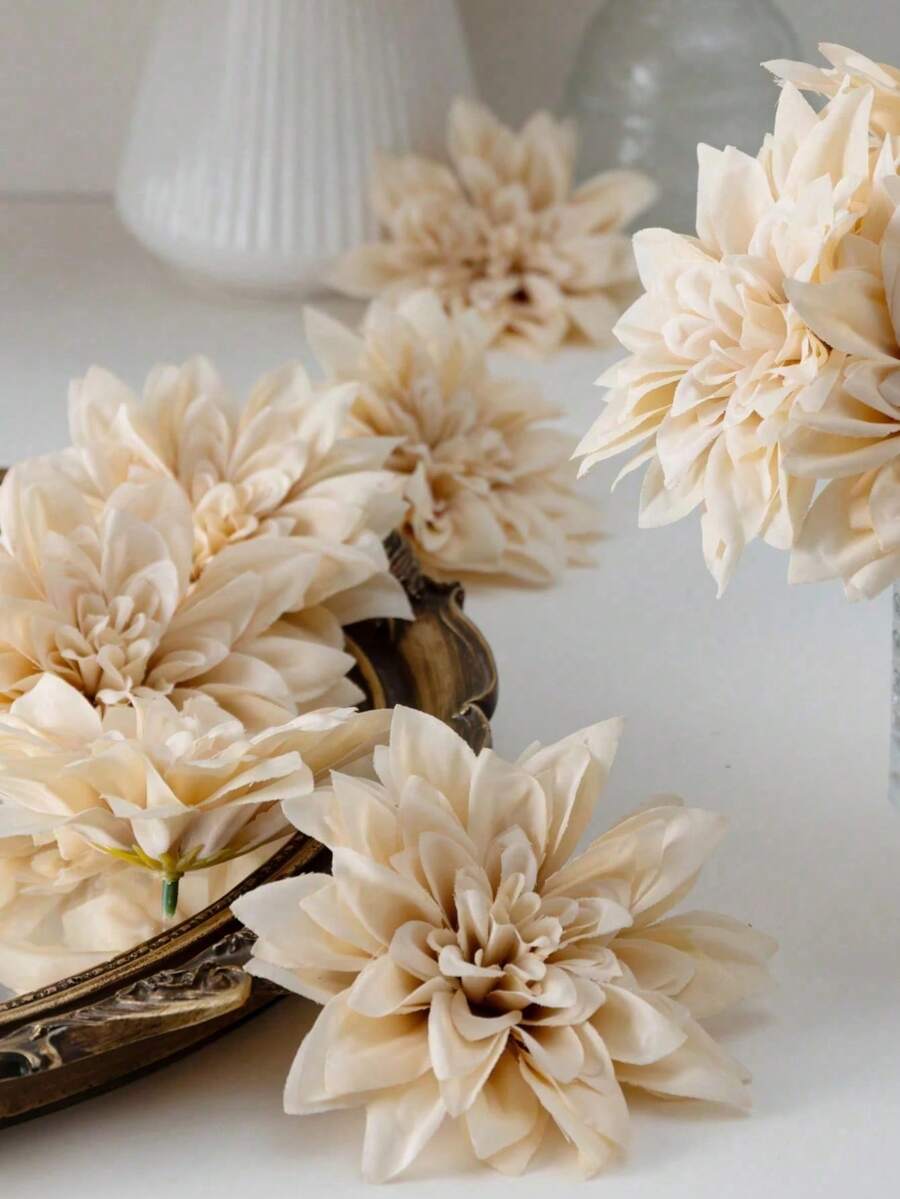 5 buc dalii artificiale șampanie, flori artificiale DIY cu tulpini, plante artificiale pentru decorarea camerei, decorare centrală a grădinii, petrecere, cadou, flori pentru încheietura mâinii de mireasă, decorare de nuntă, decorare a casei de primăvară, vară, toamnă și iarnă, decor cameră, decor casă