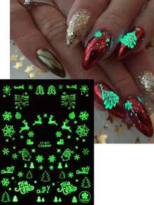 2pcs Glowing In Dark Christmas Nail Art Stickers Snowflakes Santa Claus Elk Christmas Tree Holly Y2K Nails Luminous Slider Xmas New Year Decoration Nail Supplies