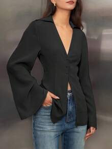 女士 V 领纽扣长喇叭袖衬衫，温柔优雅老钱风格长袖上衣，女士春夏商务休闲装 - 黑色 - 查看 1