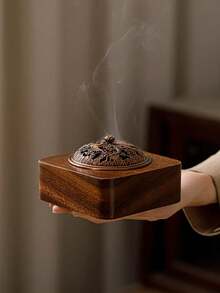 1pc Solid Walnut Wood Incense Burner - Dragon & Phoenix Lid Walnut Wood Zen Tea Ceremony Incense Burner Home Decor Chinese Style Indoor Agarwood Incense Stick Holder With Perforated Lid - Multicolor - View 14