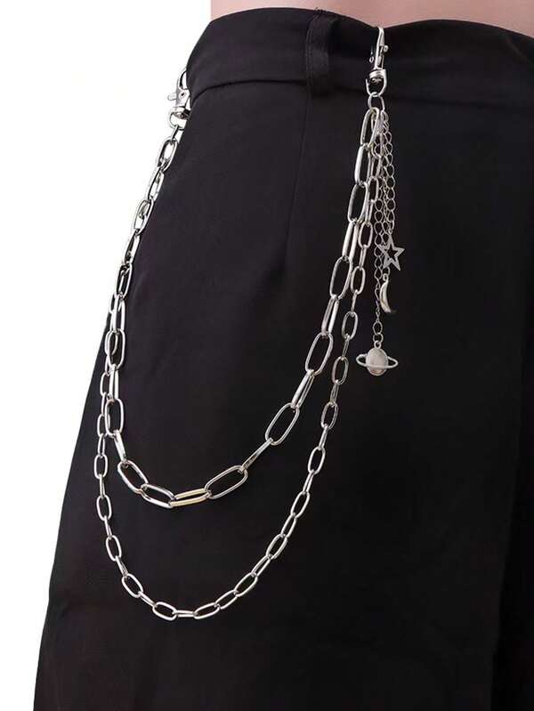 1pc Punk Style Double-Layer Metal Pentagram Pant Chain, Unisex Metal Waist Chain, Versatile Hip Hop Pants Accessory