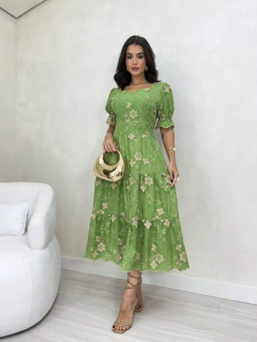 Vestido midi lese  bodardo algodao enlegante manga curto