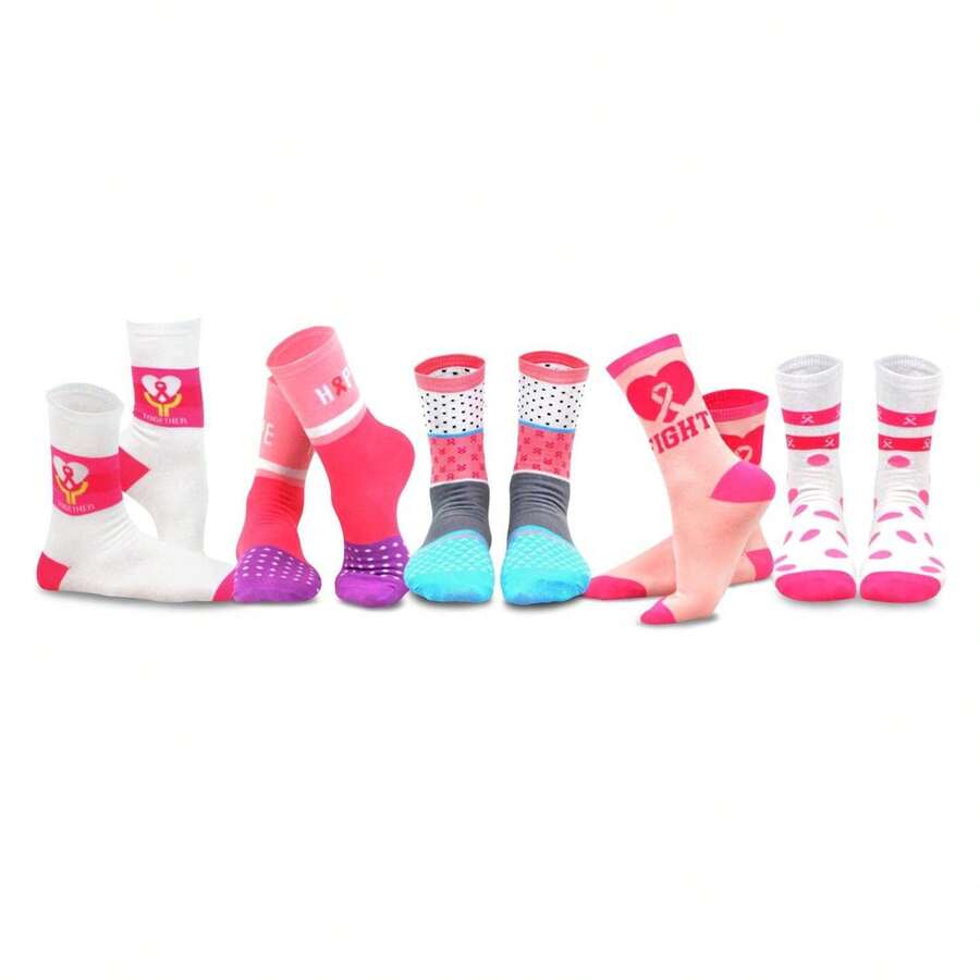 Breast Cancer Awareness Socks Women - TeeHee Cotton Crew Socks 5 Pair Pack Pink Ribbon Design - Soft, Comfortable Everyday Socks For Support - 如圖701 - 查看 1