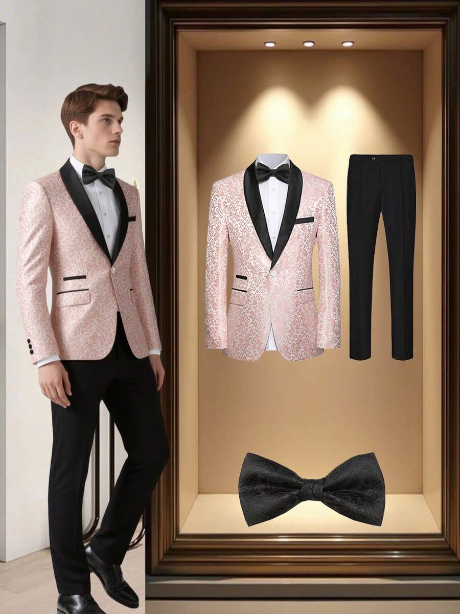 3 Pcs Men Suit Jacquard Blazer Jacket Pants Necktie Shawl Collar Floral Pattern Flap Pockets For Wedding Evening Party Banquet Classic Style - 粉色 - 查看 1
