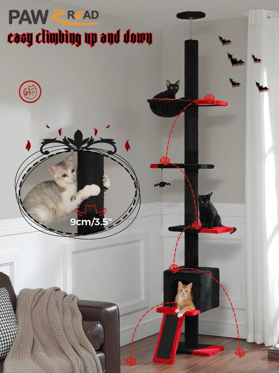 PAWZ Road Cactus Cat Tree, Floor To Ceiling Adjustable, Height Adjustable From 216cm To 273cm, Cat Tower With Spacious Activity Room With Hammock And Cat Cave, Anti-Fall Harness