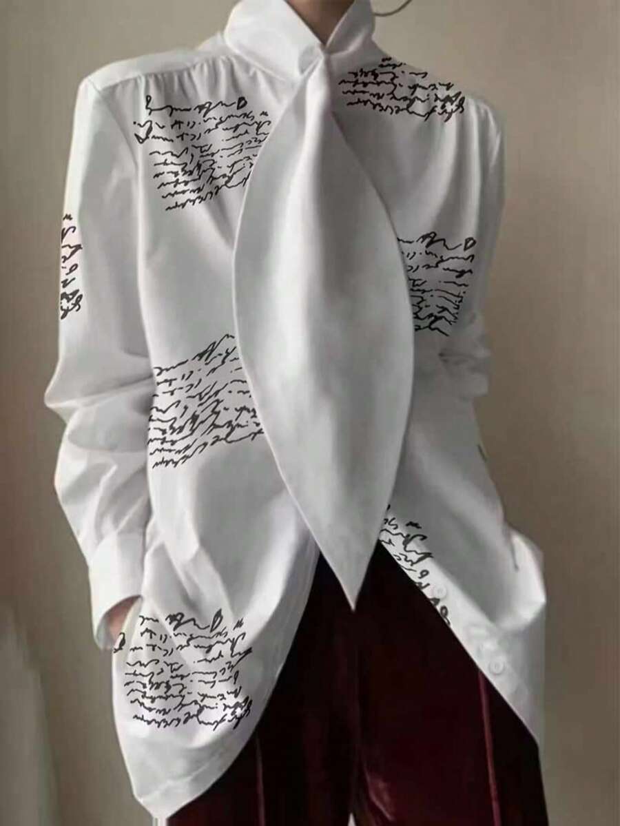 Áo sơ mi dài tay thanh lịch cỡ lớn dành cho nữ, cổ áo trang trí, thắt nơ - Màu trắng trơn, mùa xuân - trắng - Xem 1