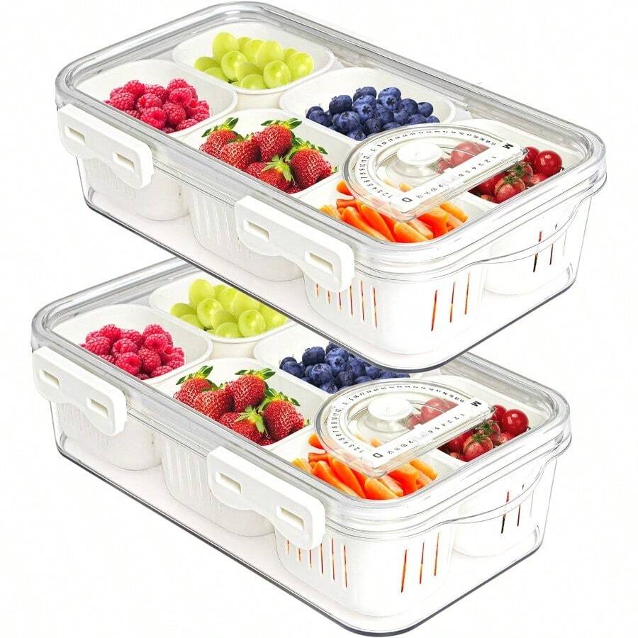 MineSign 2Pack Divided Snackle Box With Lids Stackable Food Serving Tray For FruitandVeggie Plastic Fridge Storage Container For Pantry Freezer Clear Snack Box For Meal Prep Candy Nuts Spice - 2 件裝,含 12 個隔層 - 查看 1
