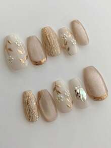 10 Stücke reine handgefertigte Aufklebe-Nägel, mittlere aprikotfarbene Nägel, Sarg-Nägel, Y2K sanft, vintage, elegant, erschwinglicher Luxusstil, Katzenauge, vergoldete Blume für Frauen und Mädchen, Herbst-Winter-Festivals, Partys und den täglichen Gebrauch