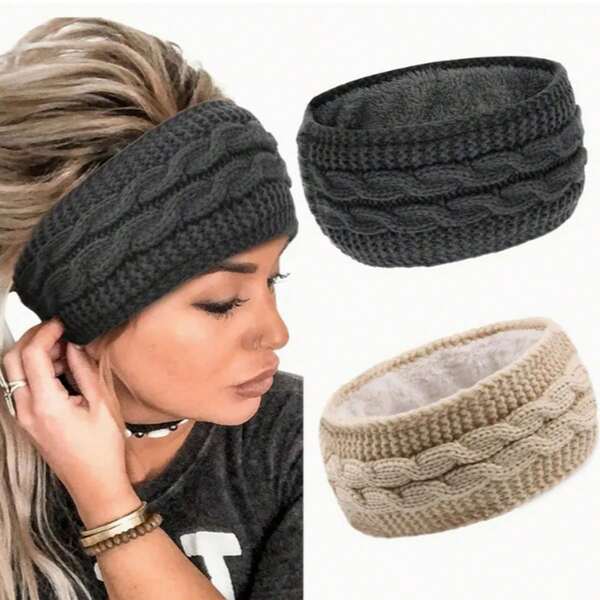 1pc Women's Winter Plush Earcup Headband - European And American Knitted Woolen Hair Band, Double Braid Hair Band, Headband For Autumn And Winter Warm Sports Headband, Earring Hair Band, Soft And Elastic Polyester Fiber Warm Hair Band, Suitable For Most Sizes, Black And Gray