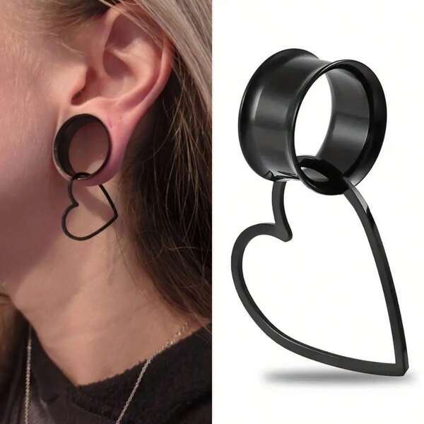 2PCS Punk Heart Shape Dangle Ear Plugs Piercing Body Jewelry Stainless Steel Ear Gauges Tunnels Stretchers Jewelry Women/Girl