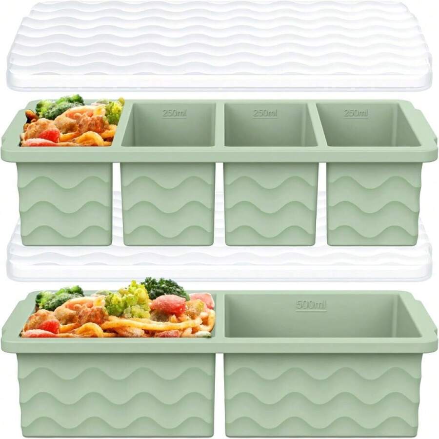 Silicone Freezer Molds For Soup With Lid, 1-Cup & 2-Cup Large Ice Cube Trays Food Storage Containers For Meal Prep, Freeze 250mL/125mL Portions – 2 Pack,21103488 - Màu xanh Bạc hà - Xem 1