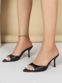 宽楦女士时尚性感派对金属尖头柔软黑色缎面套脚高跟凉鞋 - 黑色 - 查看 4