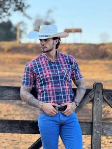Ultra Jeans Cowboy Country Land Plaid Short Sleeve Shirt - 紅色和黑色 - 查看 6