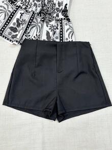 Women's Two Piece Set, Strapless Printed Top And Plain Shorts, Casual Summer Outfit - Black - View 3