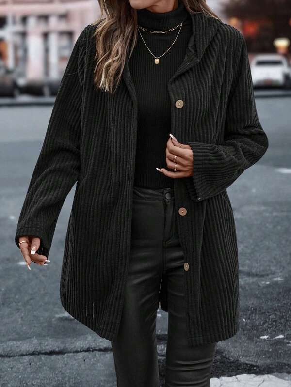 Chaqueta larga holgada de mujer con capucha, de manga larga, de apertura frontal, de unicolor y de pana gruesa, de estilo casual y de moda, para otoño/invierno