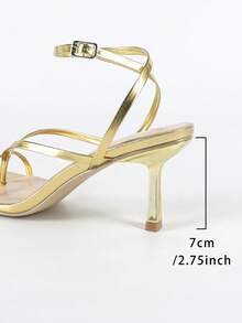 Women's Fashionable Elegant Gold Color PU Flat Thong Strap Square Toe Ankle Strap Stiletto High Heel Sandals, Charming Luxurious Metallic Shiny Party Wedding Outdoor Event High Heels - Gold - View 9