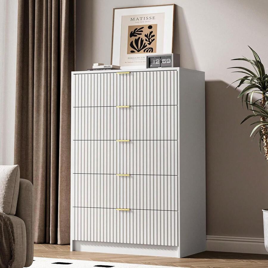 BVFUKA 5 Drawer Dresser For Bedroom, Tall Dresser Chest Of Drawers With Gold Handles, 32 Inch Wide Nightstand With For Bedroom, Living Rooms, Offices, And Entryways, White - 白色 - 查看 1