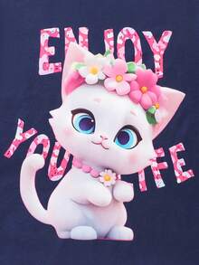 2pcs/Set Girls Cute Cartoon Cat & Letter Print Long Sleeve T-Shirt And Floral Pattern Pants Set, Round Neck, Regular Fit, Spring/Autumn, Suitable For Casual Outdoor