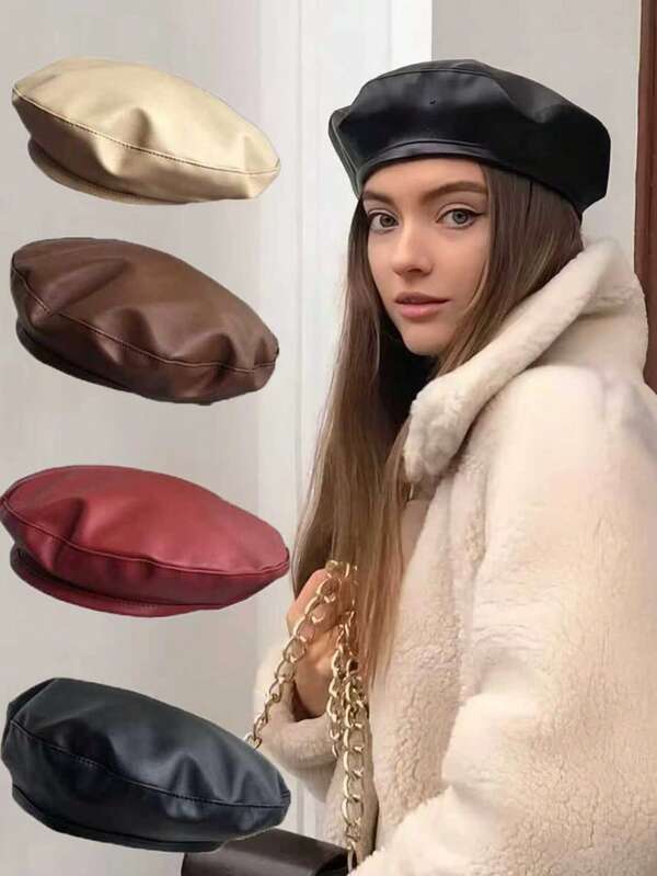 قبعة بيريه ذات لون أحادي للنساء، قبعة PU بسيطة ومتعددة الاستخدامات، مناسبة لجميع المواسم