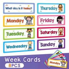 8 hojas/set Tarjetas con palabras en inglés de los días de la semana, decoración de pizarra para el aula, encabezados educativos, material didáctico de tarjetas de aprendizaje