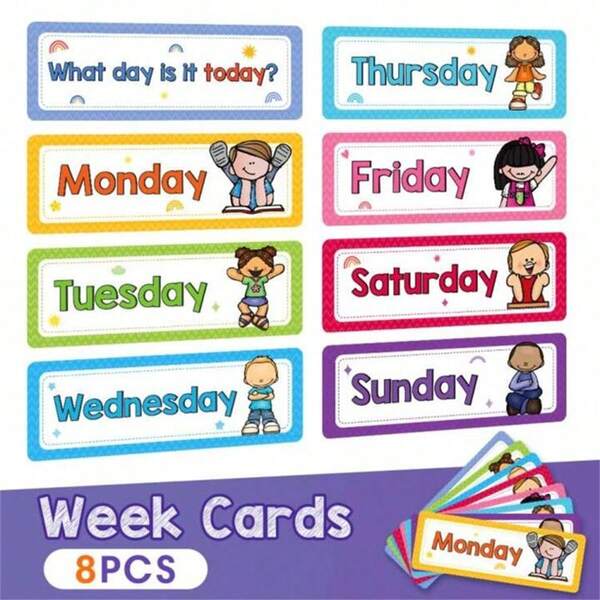 8 hojas/set Tarjetas con palabras en inglés de los días de la semana, decoración de pizarra para el aula, encabezados educativos, material didáctico de tarjetas de aprendizaje