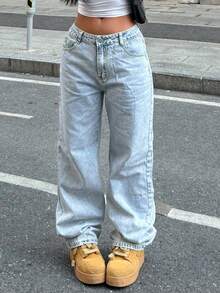 PETITE Women's Casual Water-Washed Wide Leg Denim Jeans For Daily Wear - 淺色水洗藍 - 查看 6
