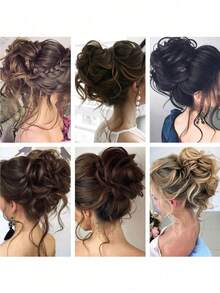 1 件女士花朵发髻凌乱发圈，自然蓬松长发马尾辫发片，发型套装，美发工具套装 - 棕色 - 查看 2