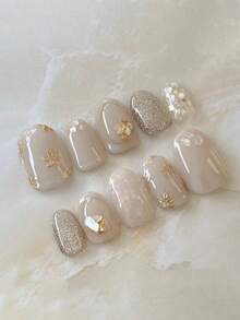 10 Stücke handgefertigte Aufklebe-Nägel, kurze ovale Form, Mehrfarboptionen, Y2K Französischer Stil, elegante eisige kristalline halbtransparente minimalistische Katzenauge- & handbemalte Blumendesigns, geeignet für Frauen & Mädchen, ideal für Herbst/Winter Partys & täglichen Gebrauch Nagelbedarf Handgefertigte Aufklebe-Nägel - Verschiedenfarbig - Übersicht 1