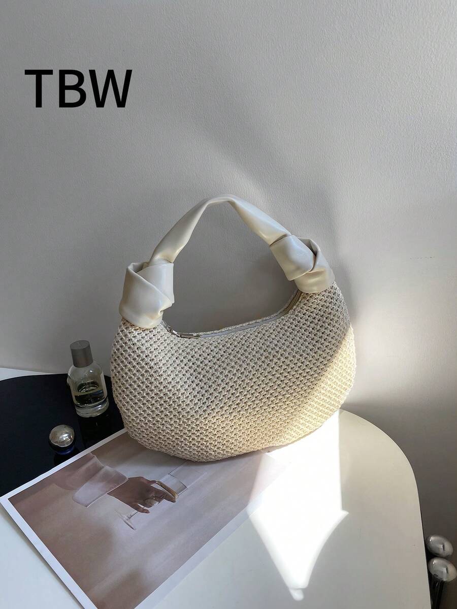 Ladies' Handbag Crescent Bag In Apricot Color With Double Knot, Made Of Woven Straw And PU, Lightweight, Fashionable And Simple, Suitable For Going Out. - Apricot - View 1