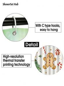 1/3/4pcs Wite Gingerbread For Man Christmas Tree Crutch Candy Shower Curtain Bathroom Set, Waterproof And Wear-Resistant Accessories,With 12 Hooks - Includes Toilet Seat Cover, Bath Mats, And Rugs - Non-Slip Polyester Fabric - Washable - Perfect For Holiday Decor,Home/Bedroom/House/Western Decor, - Multicolor - View 6
