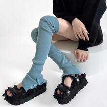 Fashionable And Versatile Leg Covers For Autumn And Winter, With Warm Knee Pads And High Leg Button Design. Milk White Long Leg Socks Stacked Over The Knees - Màu xanh da trời - Xem 12