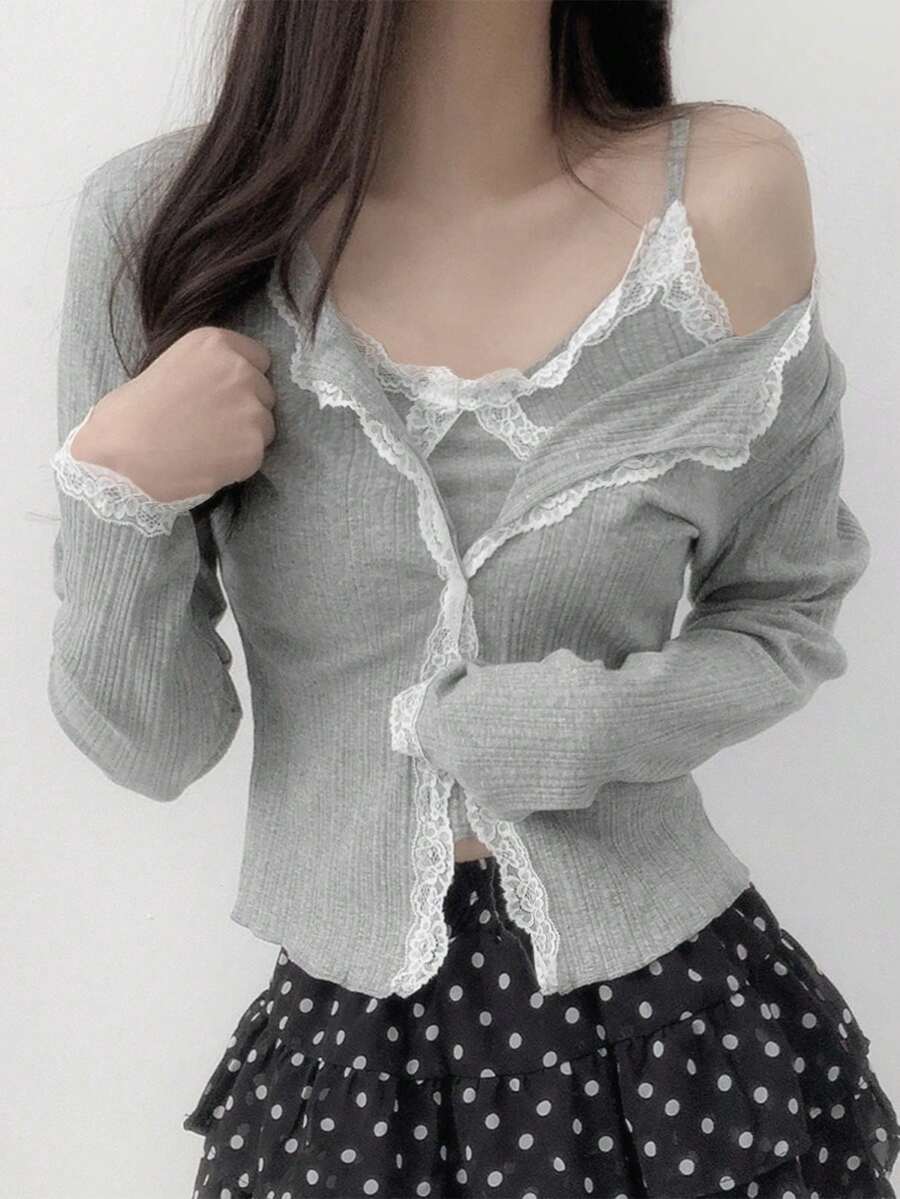 Lace Trim Long Sleeve Top And Camisole Set Spring - Grey - View 1