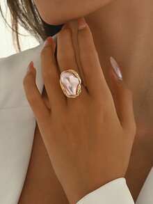 1pc Chunky Jewelry French Elegant Baroque Faux Pearl Asymmetrical Shaped Ring, Multi-Color Options, Vintage Alloy Rings, Fashion Accessory For Women, Adjustable Open Ring Size - Multicolor - View 6