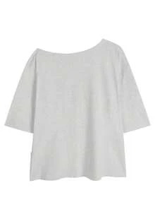 Letter Print Oblique Shoulder Sleeveless Long Loose Casual Zip-Up T-Shirt For Women - Light Grey - View 5