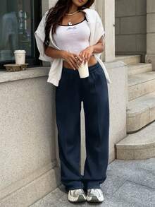 Sulojter Casual Loose Solid Color Elastic Waist Sweatpants - Navy Blue - View 2