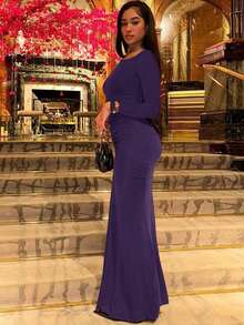 Women's Fashionable Elegant Ruched Crew Neck Long Sleeve Bodycon Dress - Purple - View 4