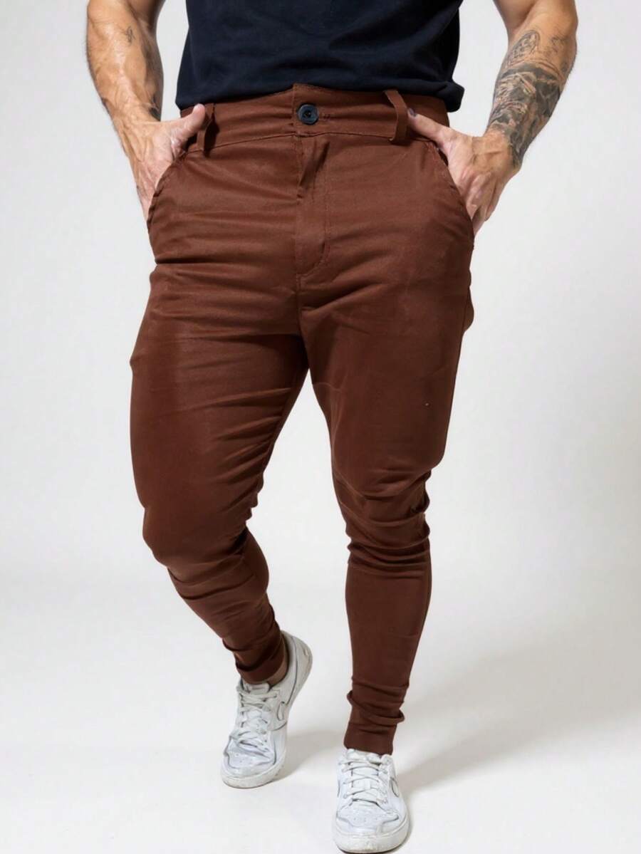 Men's Sport Slim Social Pants In Satin Bengaline Fabric - 鏽棕色 - 查看 1