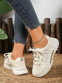 1 Pair Casual Breathable Chunky Sneakers, Mesh Sporty Fashion Versatile Comfortable Athletic Shoes - Beige - View 6