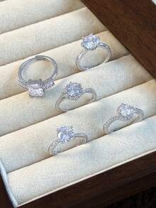 5pcs Elegant Geometric Cubic Zirconia Adjustable Rings Set, Unique Design Suitable For Party, Wedding Wear (No Gift Box) - Silver - View 3