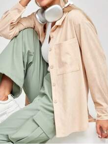 女式纽扣衬衫领长袖休闲衬衫 - 杏色 - 查看 7