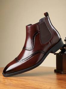 Men's High-Top Brogue Carved Flower Boots, New Business Casual Soft Bottom Chelsea Boots, British Style - Burgundy - View 5
