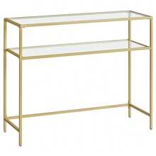 Mesa de Consola, Mesa de Entrada, Extremo del Sofá, Tablero de Vidrio Templado, Marco de Metal, Patas Ajustables, para Salón, Entrada, Pasillo, Dorado y Transparente - Dorado - Ver 7