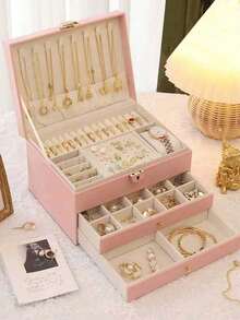 1pc 3-Tier Jewelry Storage Box, Watch Organizer, Earring Holder, Necklace Display, Bracelet Tray, Ring Case, Large Capacity 3-Layer Jewelry Box With Lock, Rectangular Jewelry Storage Box For Women